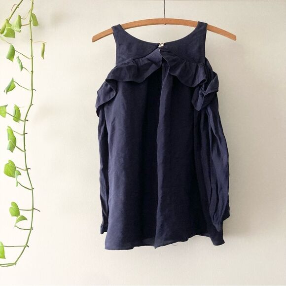 Maeve by‎ Anthropologie Ruffle Cold Shoulder Navy Top Size 4 - Picture 5 of 7